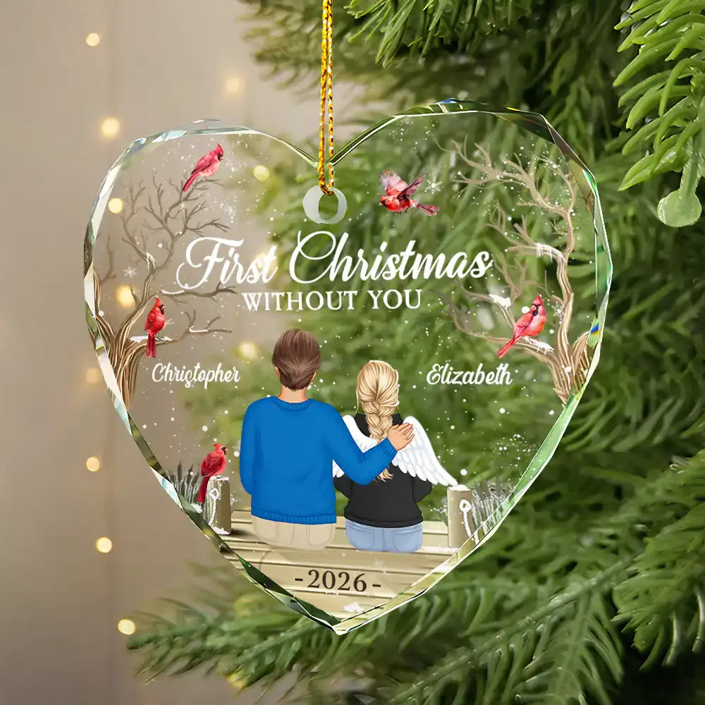 Memorial, Gift For Couples - Memorial First Christmas Without You - Personalized Heart Shaped Glass Ornament
