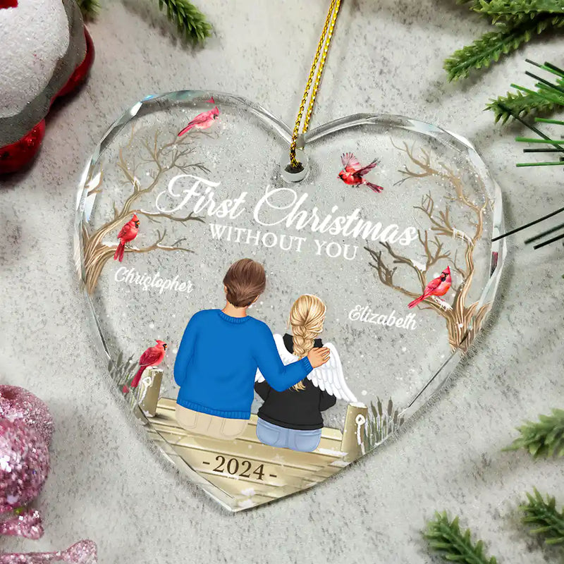 Memorial, Gift For Couples - Memorial First Christmas Without You - Personalized Heart Shaped Glass Ornament