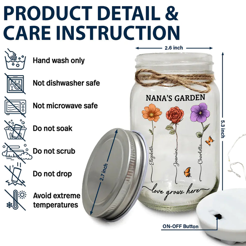 Gift For Grandma,Gift For Mother,Gift For Women,Gift For Yourself,Love - Grandma's Garden Birth Flower - Personalized Mason Jar Light