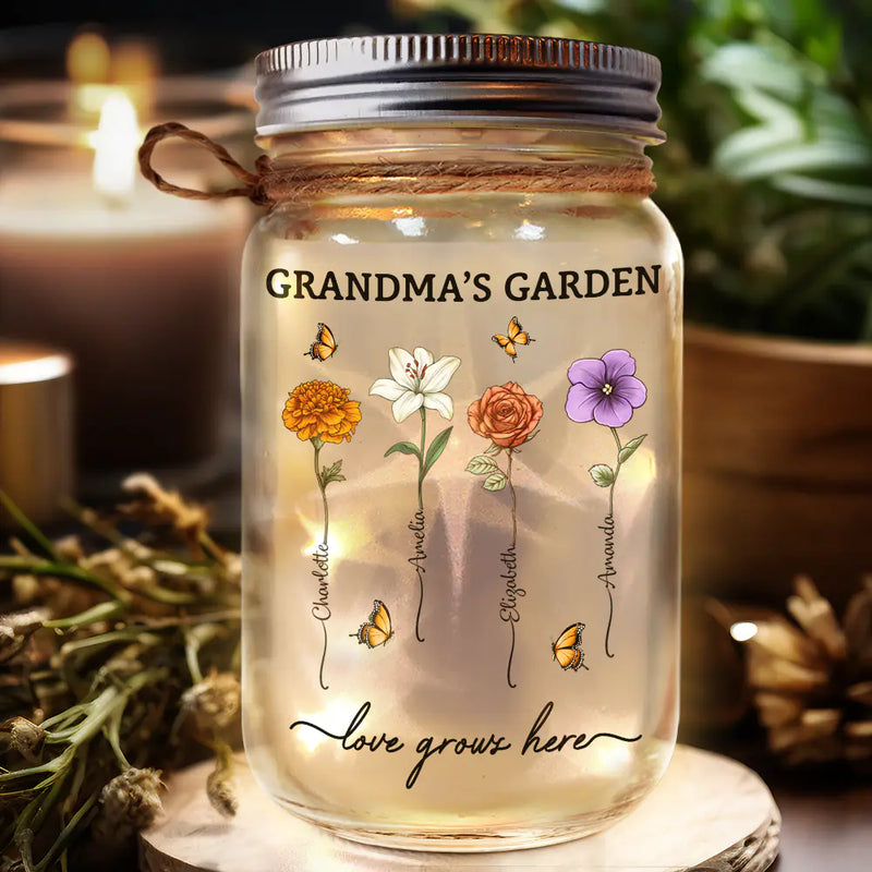 Gift For Grandma,Gift For Mother,Gift For Women,Gift For Yourself,Love - Grandma's Garden Birth Flower - Personalized Mason Jar Light