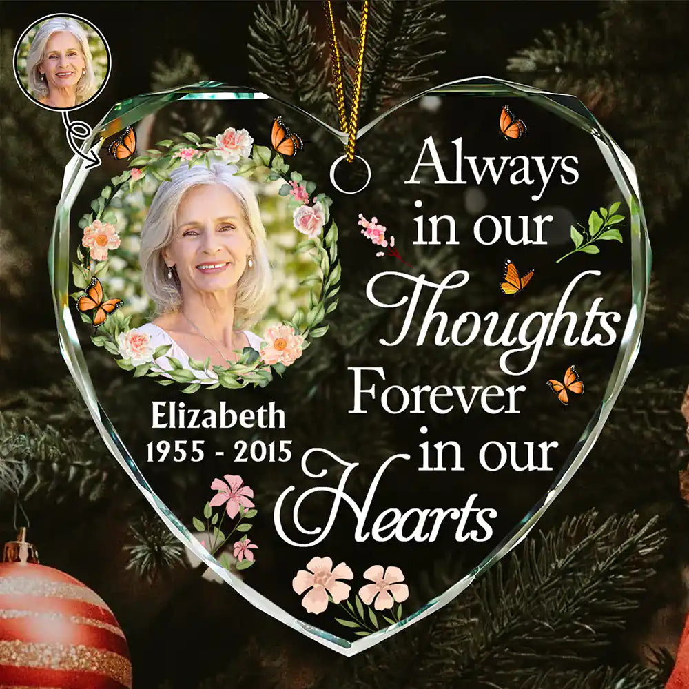 Christmas,Custom Photo,Memorial,Family,Sad - Custom Photo Always In Our Thoughts Forever In Our Hearts - Personalized Heart Shaped Glass Ornament