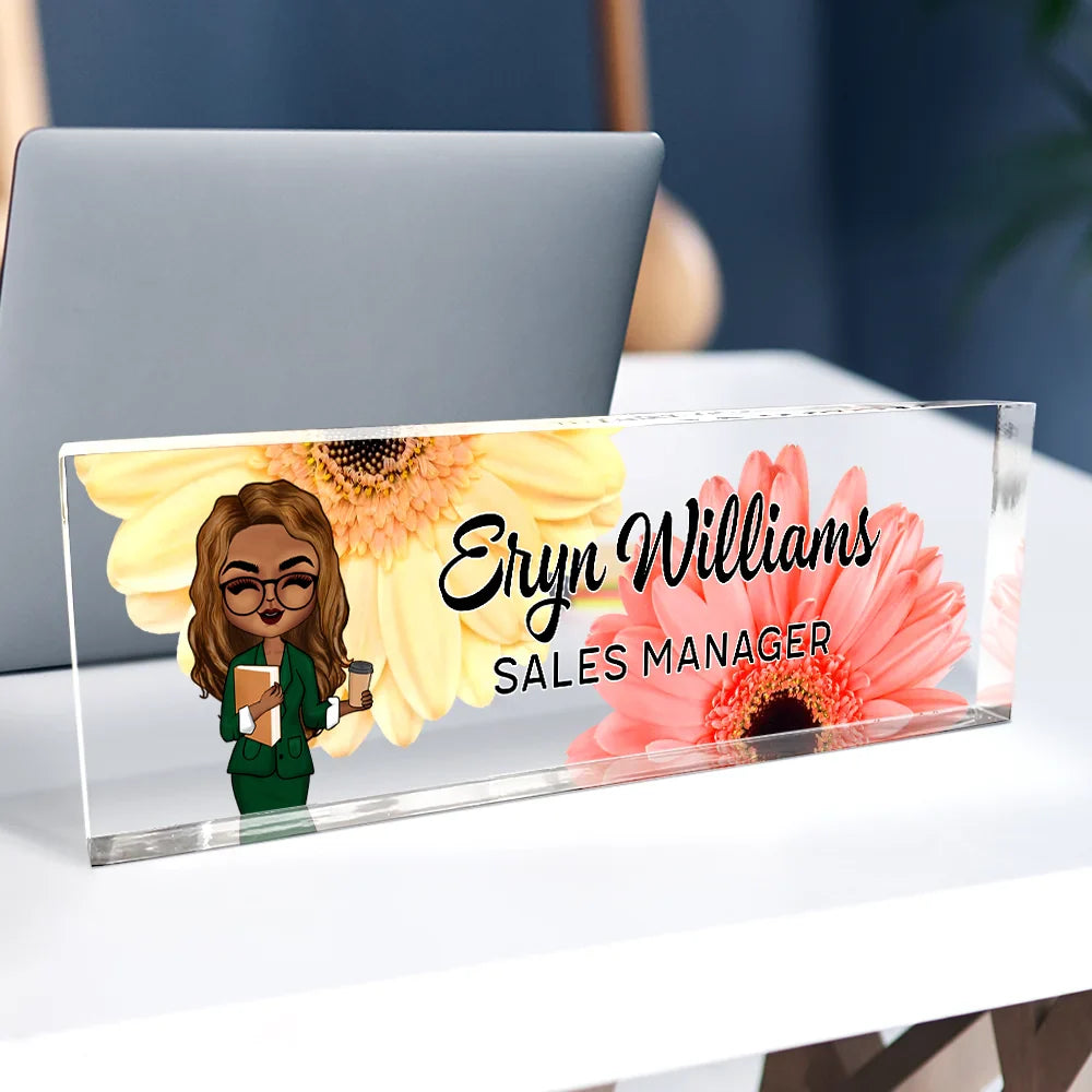 Gift For Bestie,Gift For Sisters,Gifts For Colleagues,Happy - Daisy Flowers Woman Man Office - Personalized Desk Name Plate
