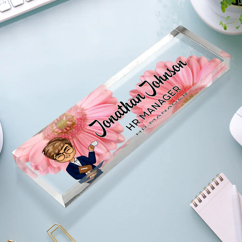 Gift For Bestie,Gift For Sisters,Gifts For Colleagues,Happy - Daisy Flowers Woman Man Office - Personalized Desk Name Plate