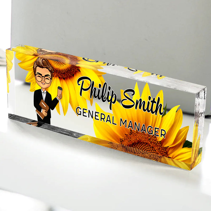Gift For Bestie,Gift For Sisters,Gifts For Colleagues,Happy - Daisy Flowers Woman Man Office - Personalized Desk Name Plate