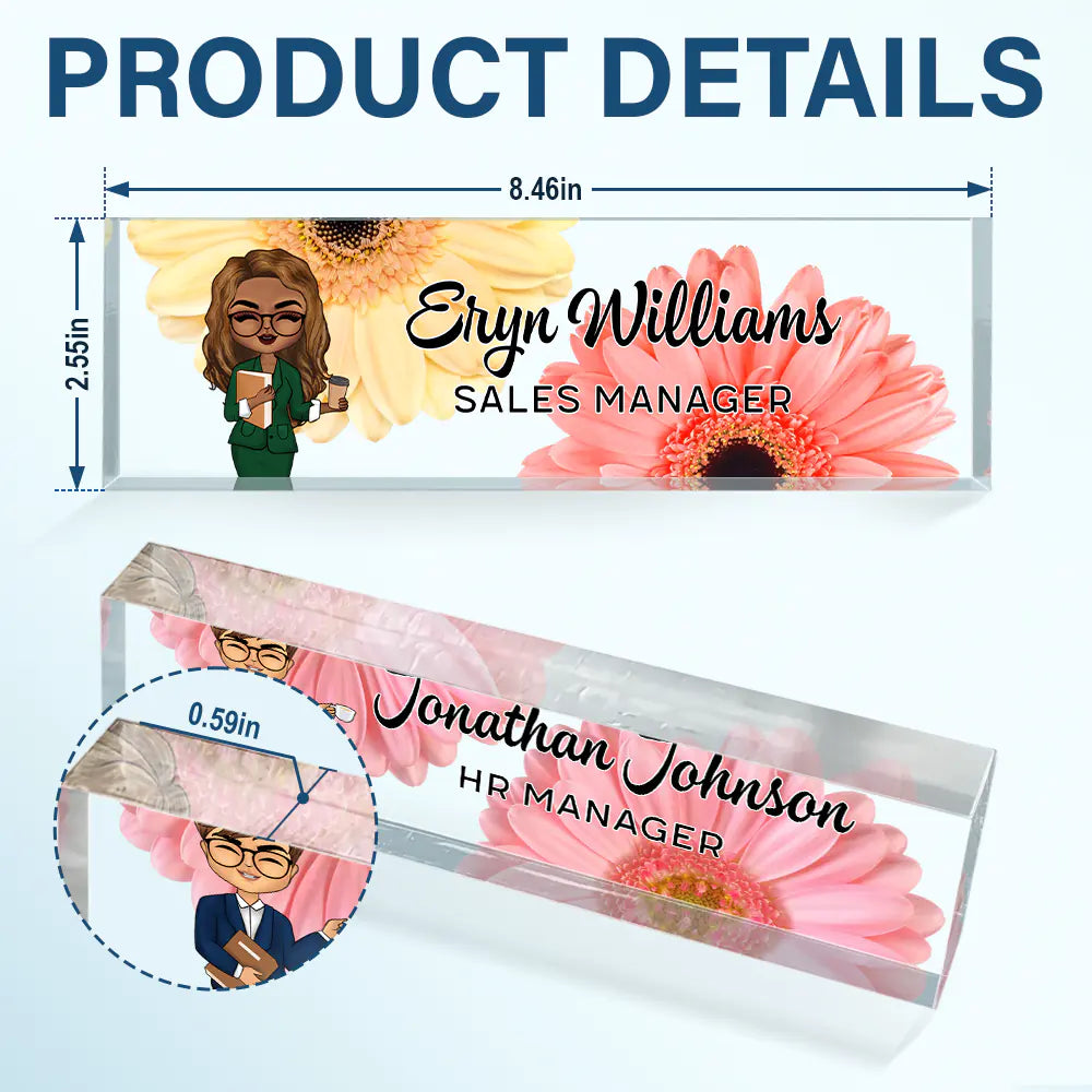 Gift For Bestie,Gift For Sisters,Gifts For Colleagues,Happy - Daisy Flowers Woman Man Office - Personalized Desk Name Plate