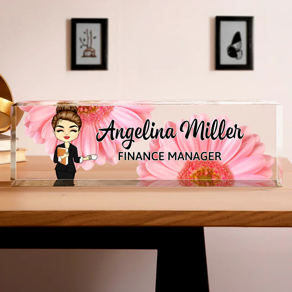 Gift For Bestie,Gift For Sisters,Gifts For Colleagues,Happy - Daisy Flowers Woman Man Office - Personalized Desk Name Plate