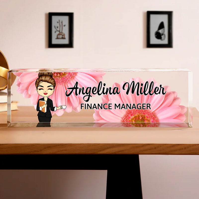 Gift For Bestie,Gift For Sisters,Gifts For Colleagues,Happy - Daisy Flowers Woman Man Office - Personalized Desk Name Plate