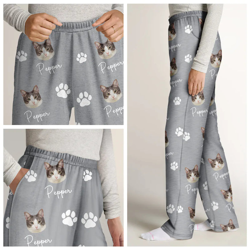 Custom Photo,Happy,Pet Lovers,Dog Lovers,Cat Lovers - Custom Photo Funny Dog Cat Face - Personalized Pajama Pants