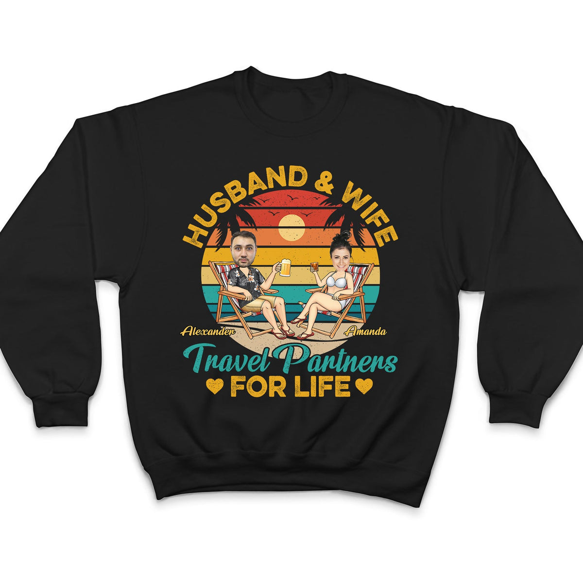 Photo personnalisée mari et femme, partenaires de voyage pour la vie, couple voyageant à la plage - T-shirt personnalisé