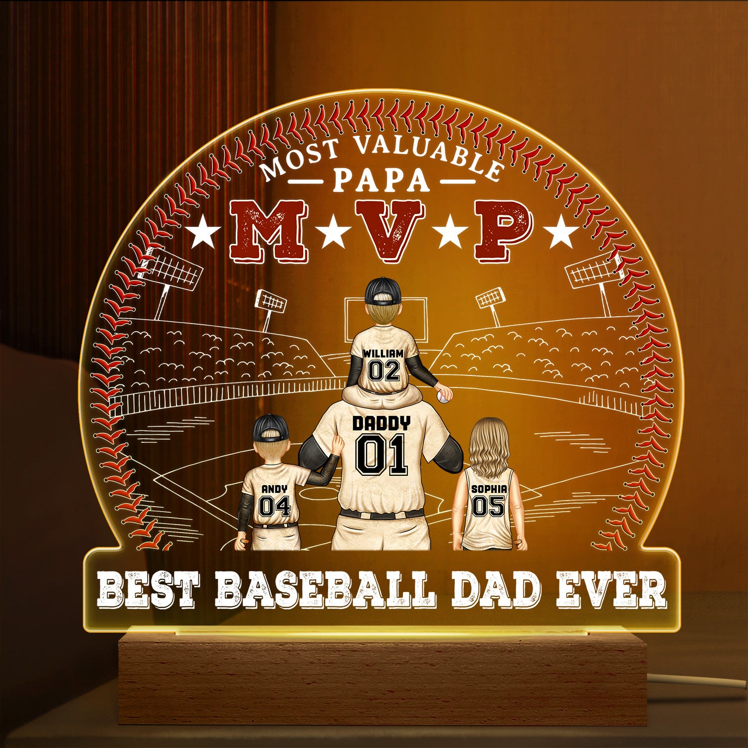 MVP Most Valuable Papa - Gift For Dad, Father, Baseball, Softball Fans - Personalized Custom 3D Led Light Wooden Base