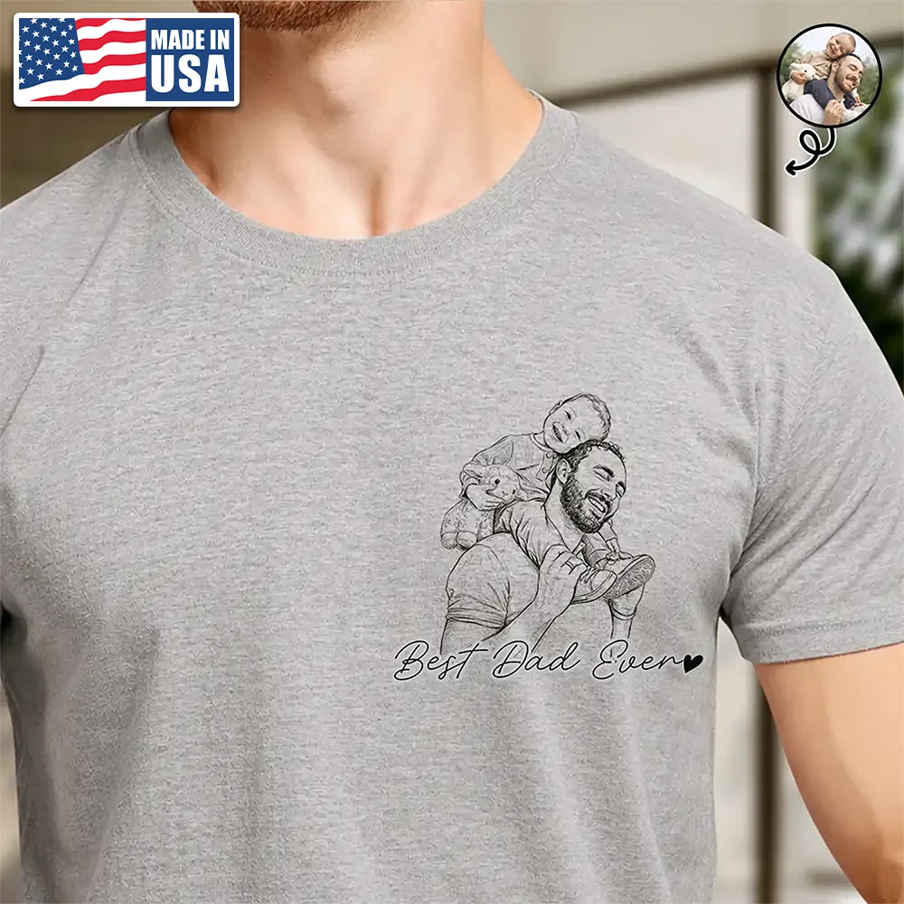 Father's Day Gifts, Custom Photo Pencil Sketch Best Dad Grandpa Ever Family Portrait - Personalized T Shirt