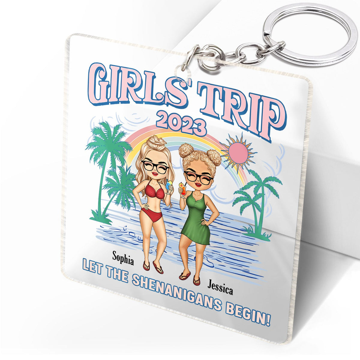 Voyage entre filles : que les manigances commencent ! Cadeau pour les meilleures amies et les amoureux de la plage ! Porte-clés en acrylique personnalisé.