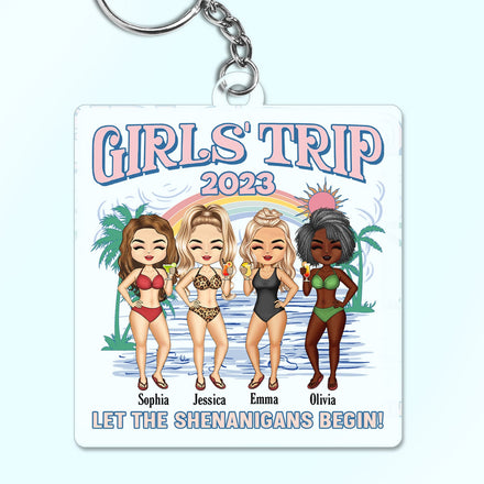 Voyage entre filles : que les manigances commencent ! Cadeau pour les meilleures amies et les amoureux de la plage ! Porte-clés en acrylique personnalisé.