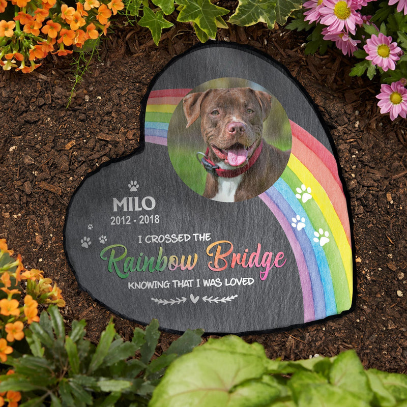 Custom Photo I Crossed The Rainbow Bridge Knowing That I Was Loved - Pet Memorial Gift - Personalized Heart Memorial Garden Stone
