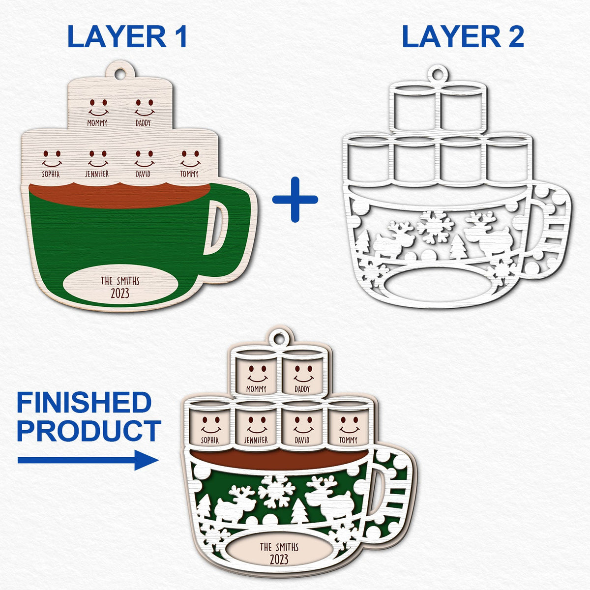 Guimauves au chocolat chaud Joyeux Noël - Cadeau de Noël pour la famille et les amoureux des animaux - Décoration en bois personnalisée à 2 couches