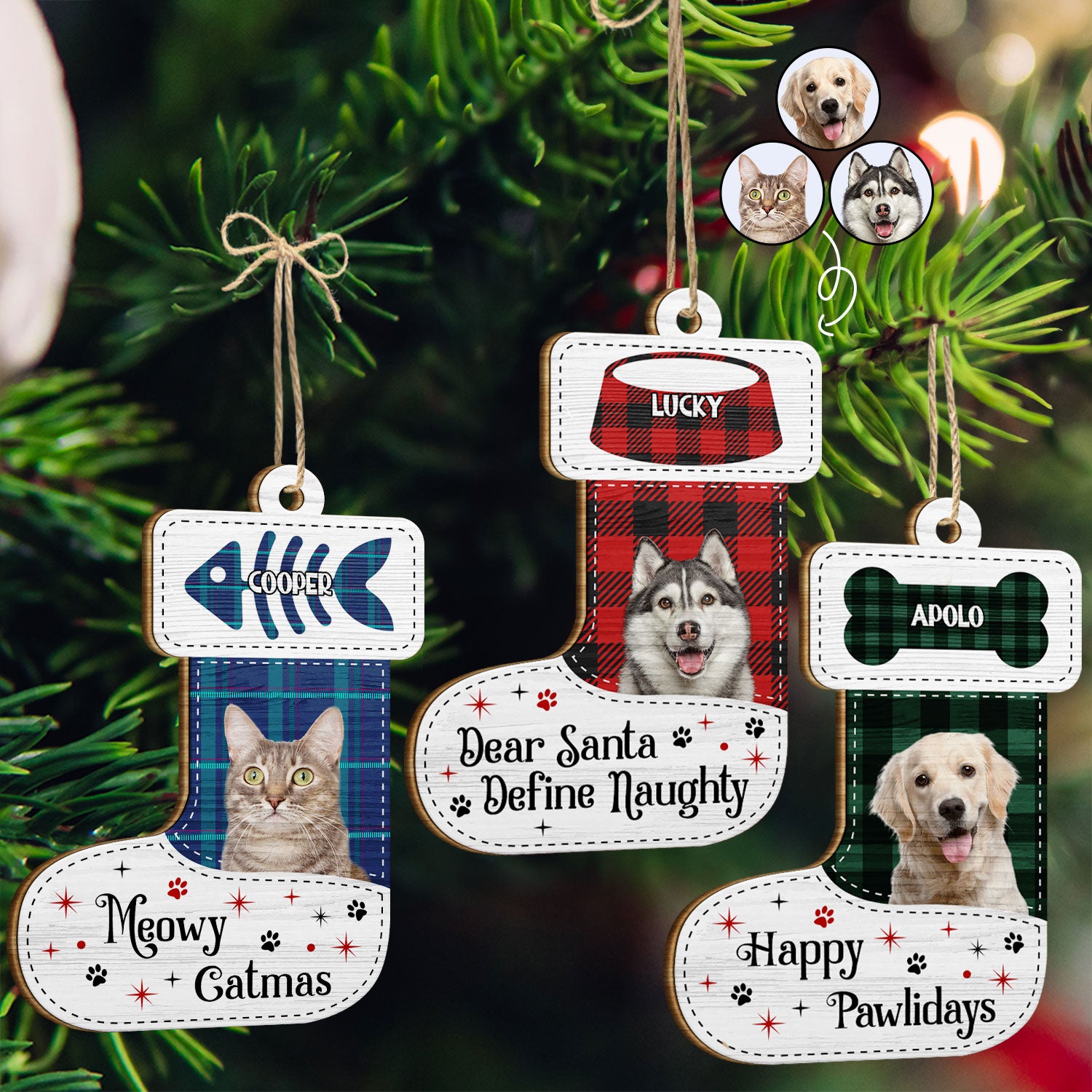 Custom Photo Dear Santa Define Naughty Flannel Background - Christmas Gift For Pet Lovers - Personalized Custom Shaped Wooden Ornament