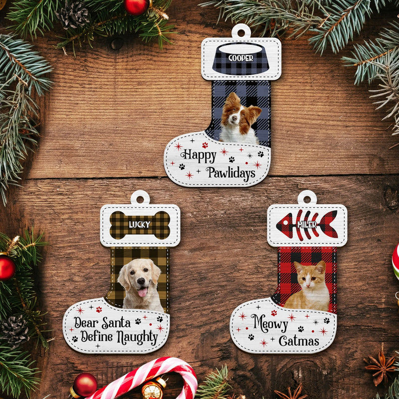 Custom Photo Dear Santa Define Naughty Flannel Background - Christmas Gift For Pet Lovers - Personalized Custom Shaped Wooden Ornament