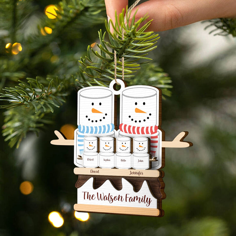 Famille de bonhommes de neige S'more - Cadeau de Noël pour la famille - Décoration en bois personnalisée à 2 couches