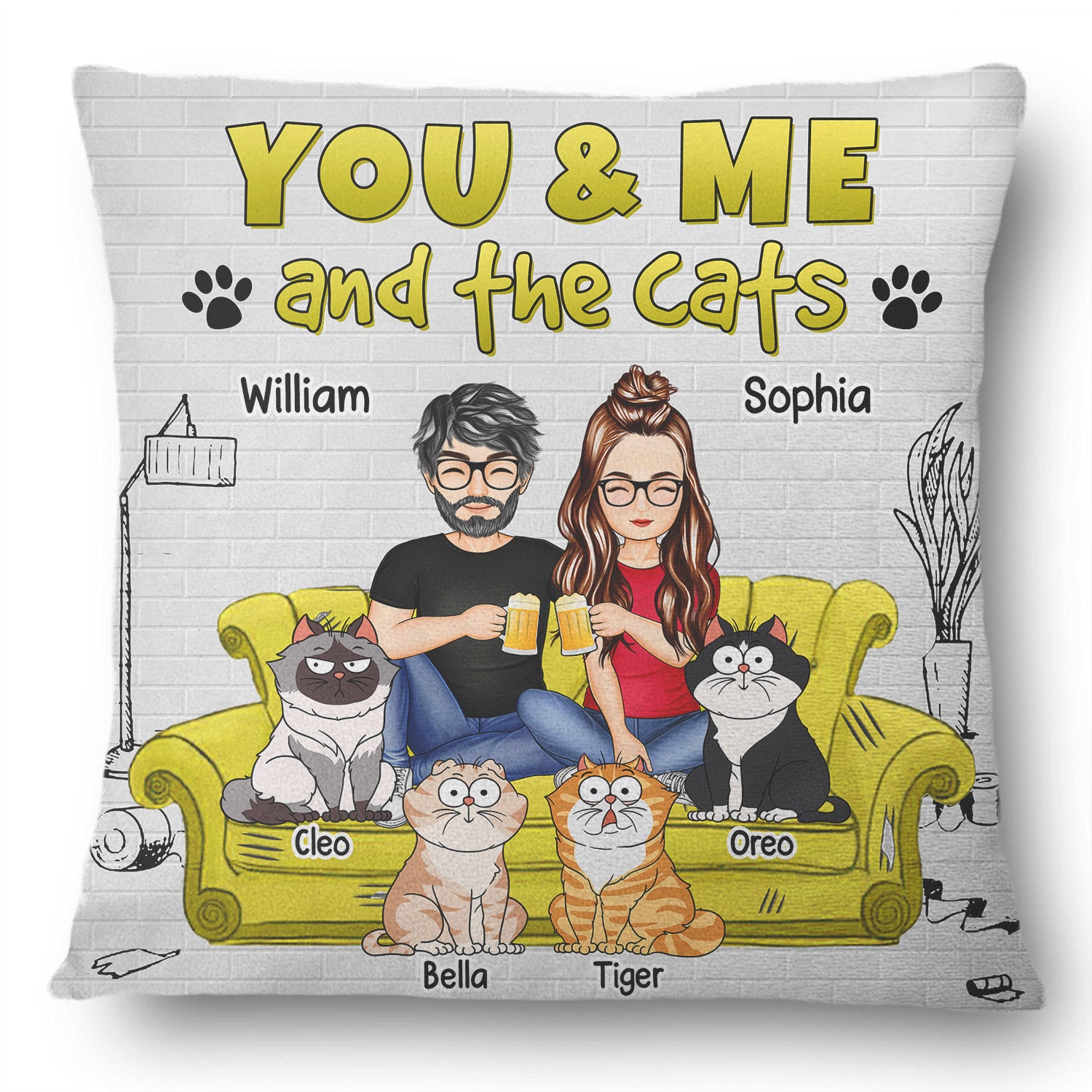 You And Me And The Cats - Gift For Cat Lovers - Personalized Pillow
