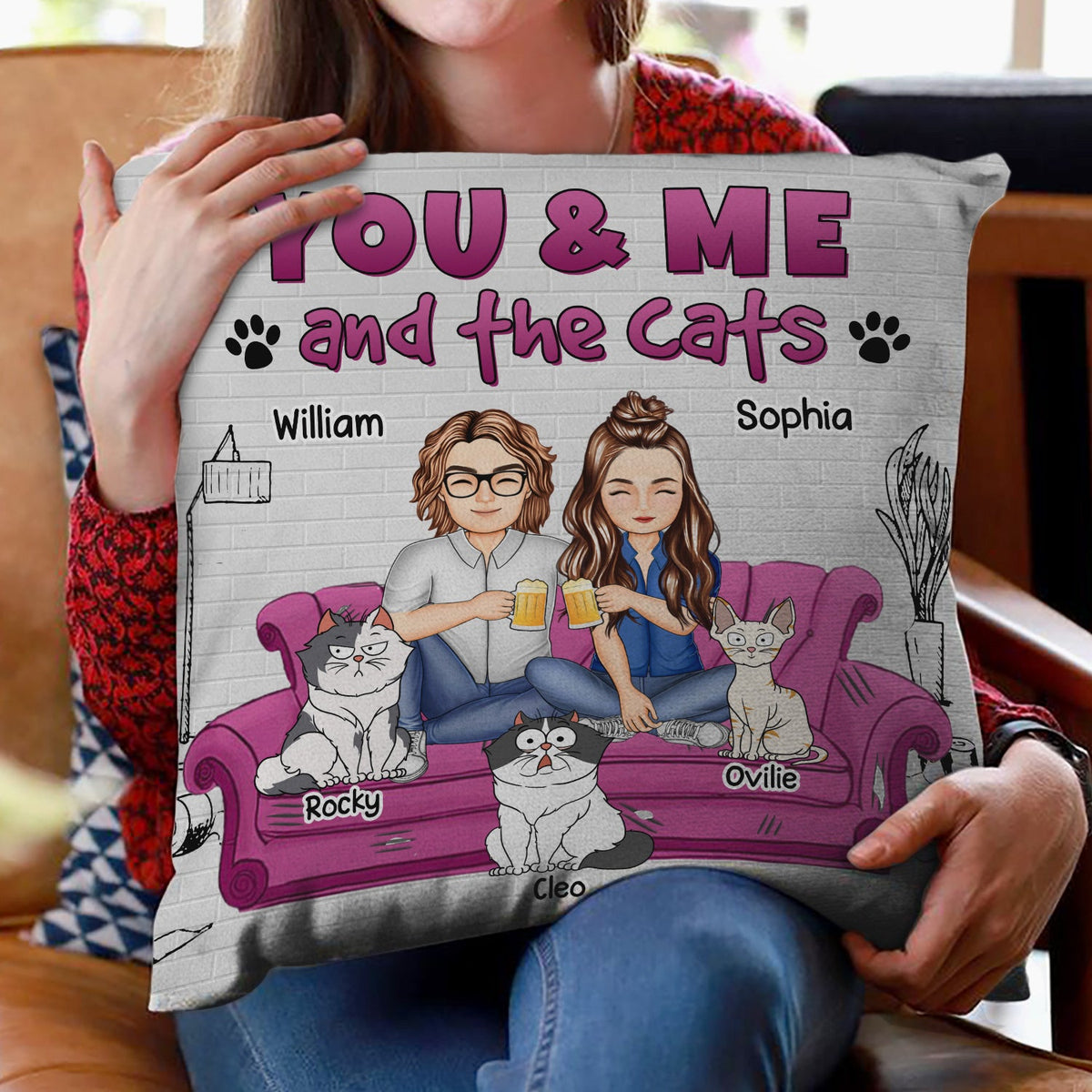 Toi, moi et les chats - Cadeau pour les amoureux des chats - Oreiller personnalisé