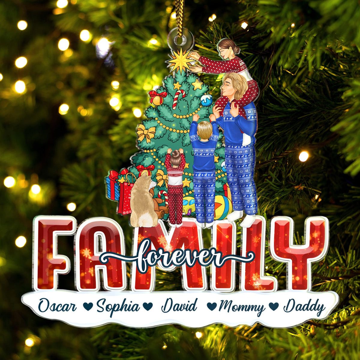 Merry Christmas Family Forever Everything - Gift For Parents, Couples, Pet Lovers - Personalized Cutout Acrylic Ornament