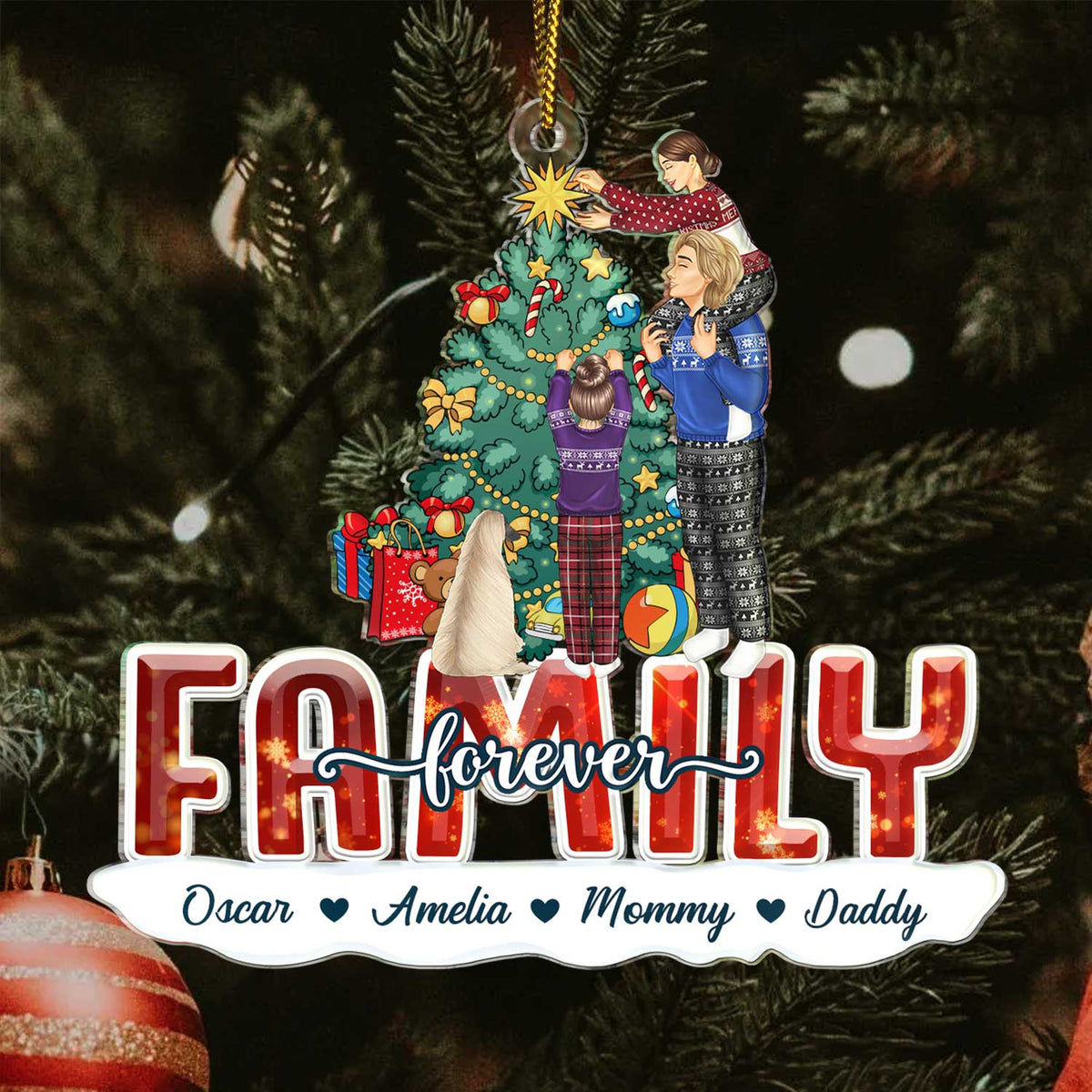 Merry Christmas Family Forever Everything - Gift For Parents, Couples, Pet Lovers - Personalized Cutout Acrylic Ornament