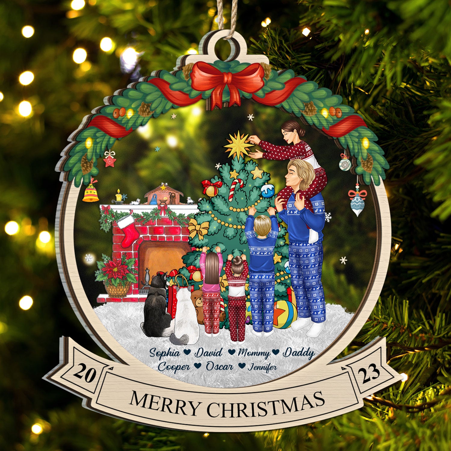 Merry Christmas Family Decor Home - Gift For Parents, Couples, Pet Lovers - Personalized 2-Layered Mix Ornament