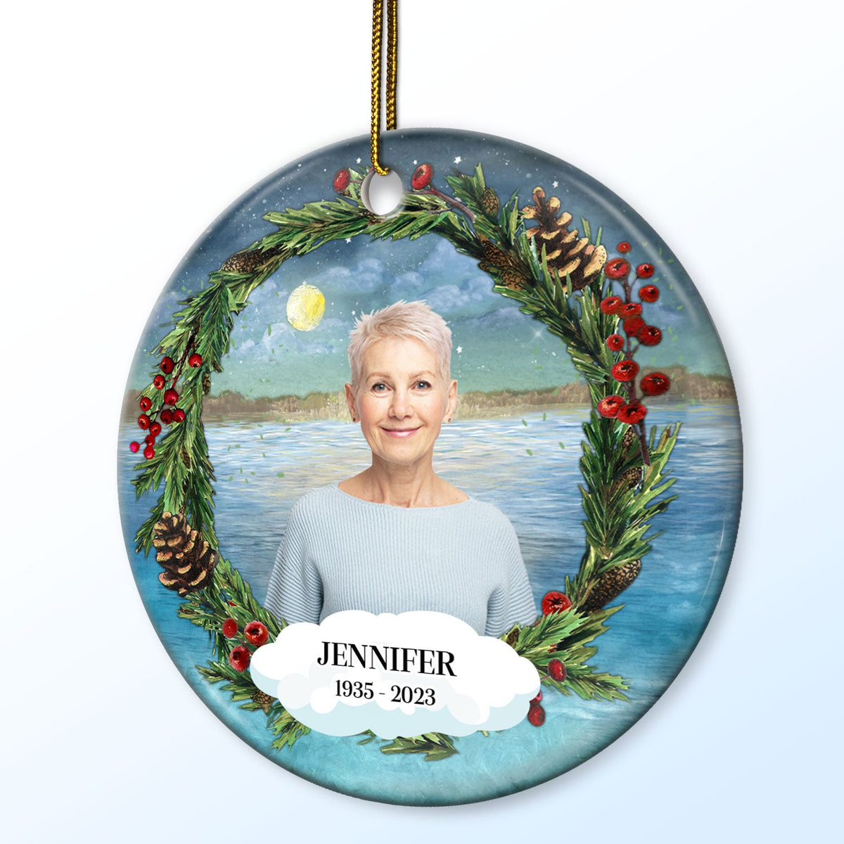 Custom Photo Heaven Family Lovers - Christmas Memorial Gift For Family - Personalized Circle Ceramic Ornament