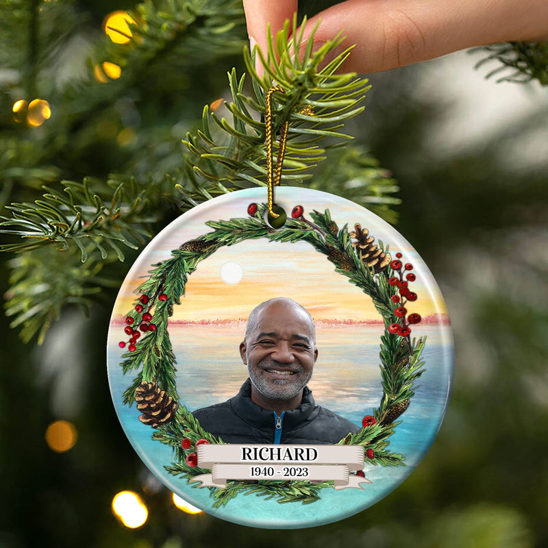 Custom Photo Heaven Family Lovers - Christmas Memorial Gift For Family - Personalized Circle Ceramic Ornament