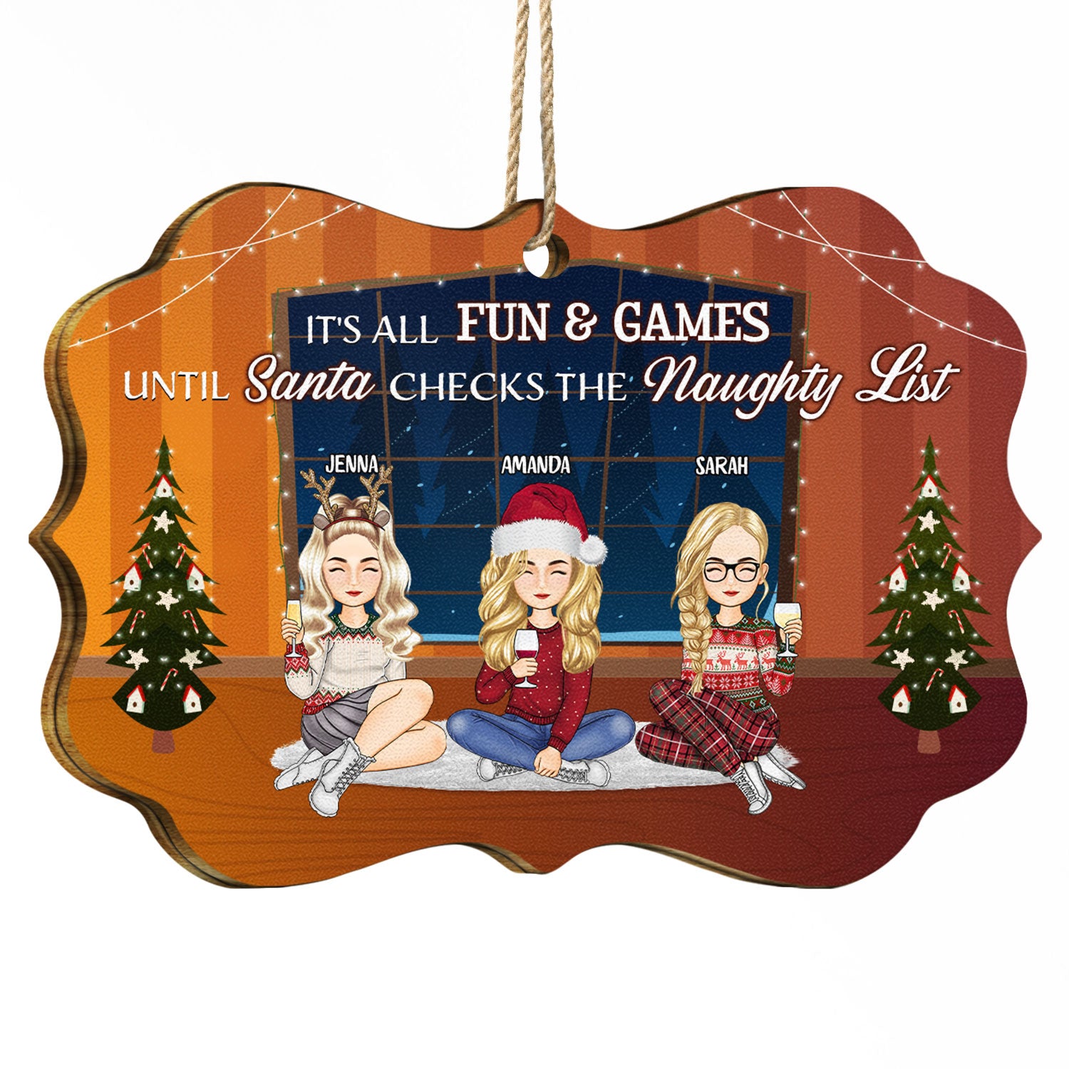 It's All Fun And Games Until Santa Checks The Naughty List - Christmas Gift For Bestie, Sibling, Colleague, Best Friend - Personalized Medallion Wooden Ornament