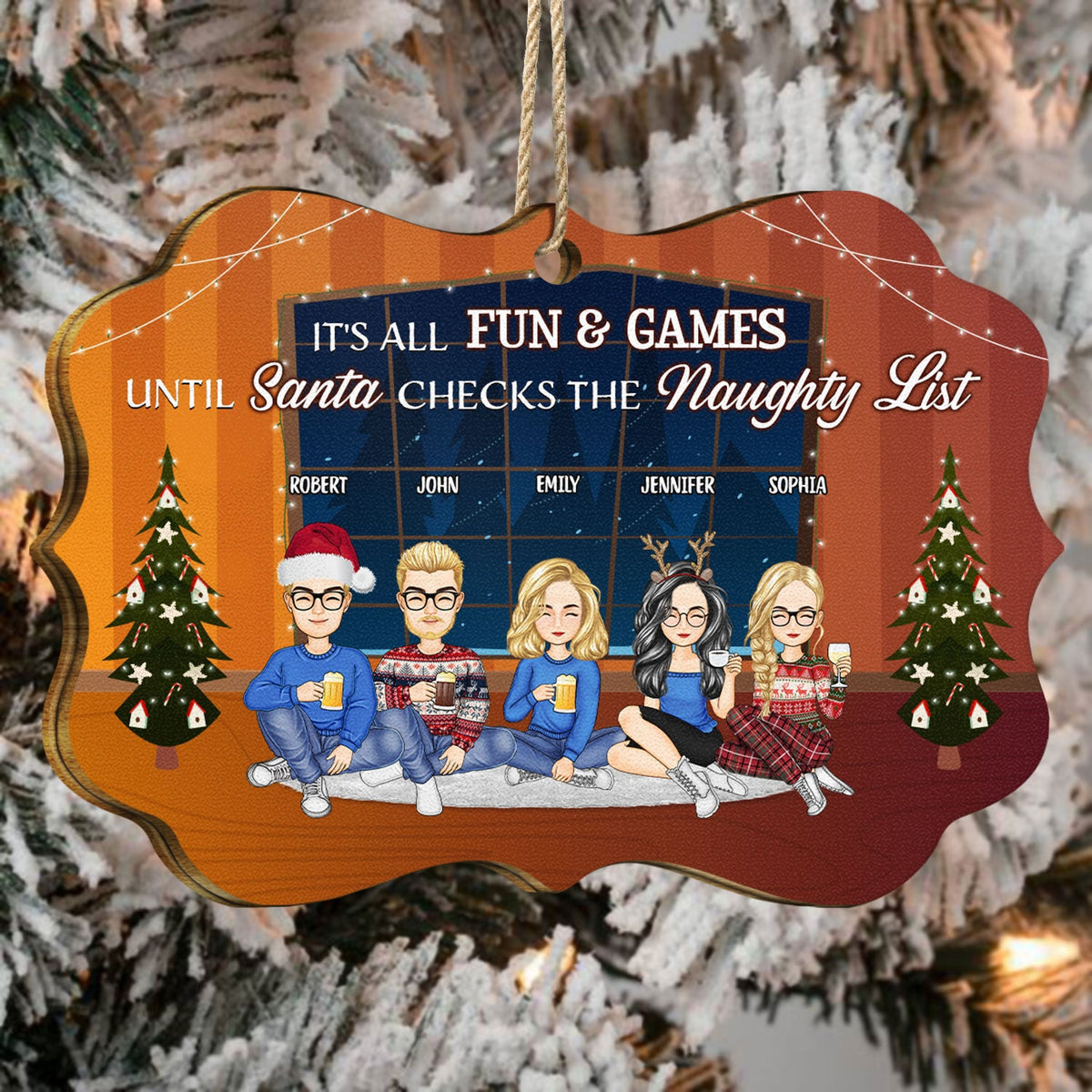 It's All Fun And Games Until Santa Checks The Naughty List - Christmas Gift For Bestie, Sibling, Colleague, Best Friend - Personalized Medallion Wooden Ornament