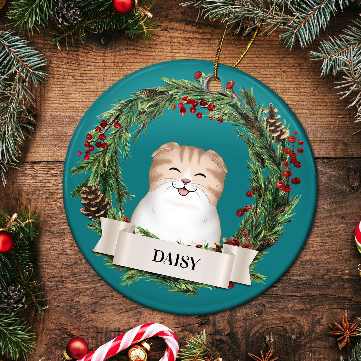 Adorables chiens et chats - Cadeau commémoratif de Noël pour les amoureux des animaux - Ornement rond en céramique personnalisé