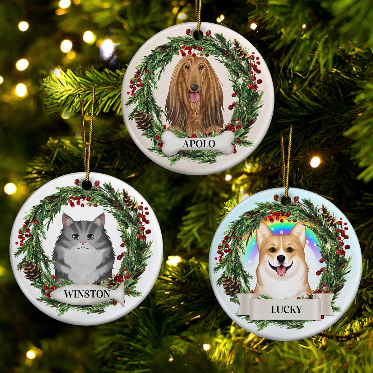 Adorables chiens et chats - Cadeau commémoratif de Noël pour les amoureux des animaux - Ornement rond en céramique personnalisé