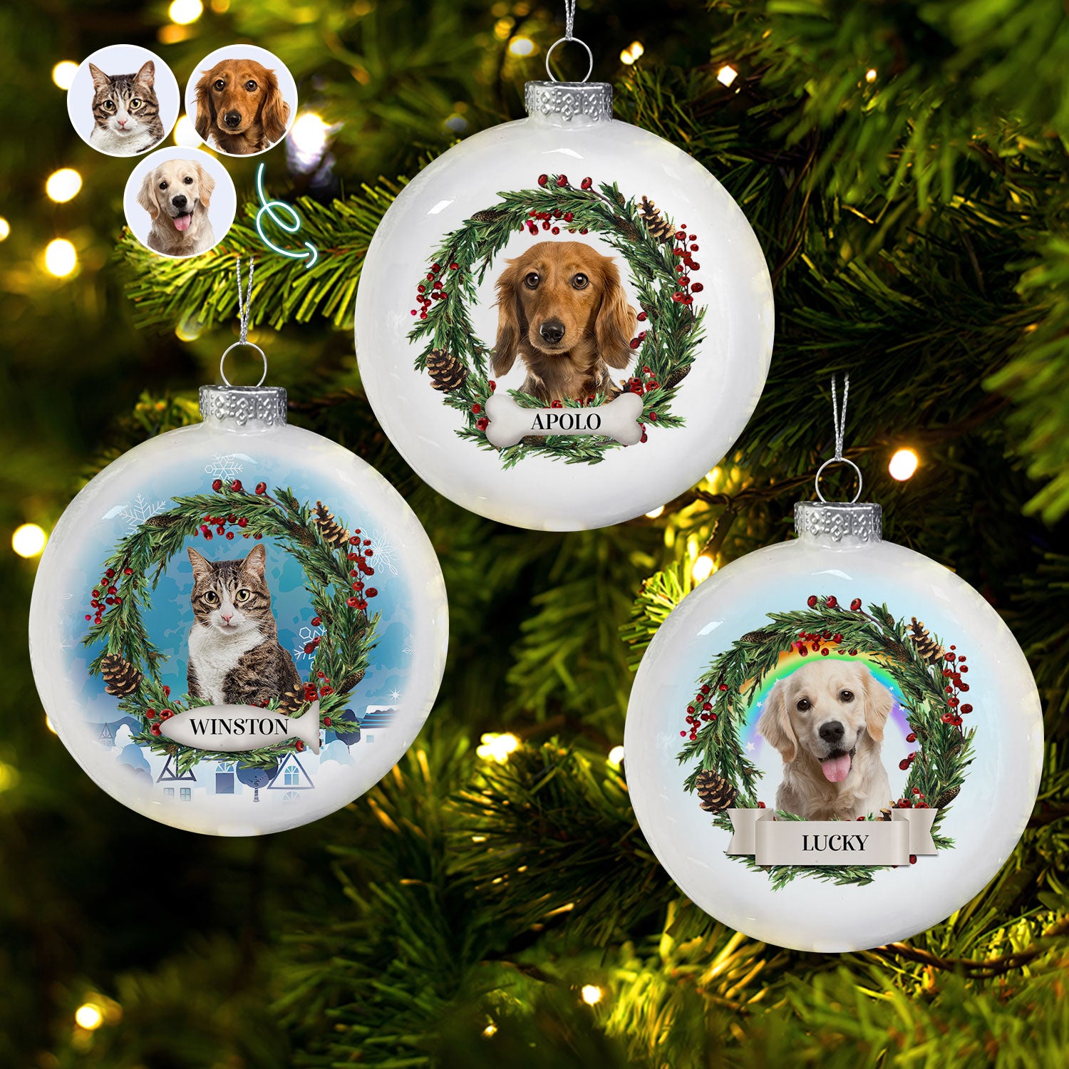 Custom Photo Lovely Dogs Cats - Christmas Memorial Gift For Pet Lovers - Personalized White Flat Ball Ornament