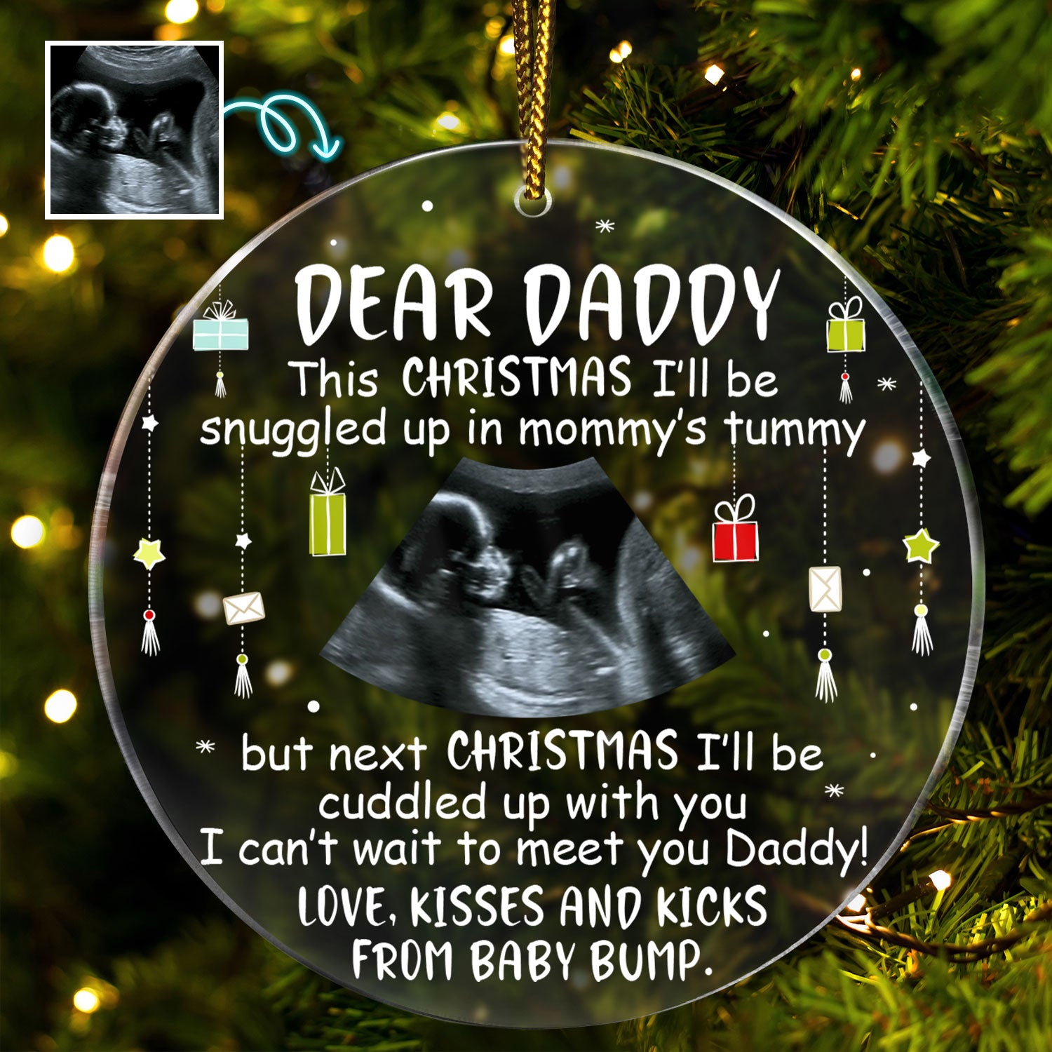 Custom Photo Baby Bump To Daddy, Mommy - Christmas Gift For Mom, Dad, New Parents - Personalized Circle Acrylic Ornament