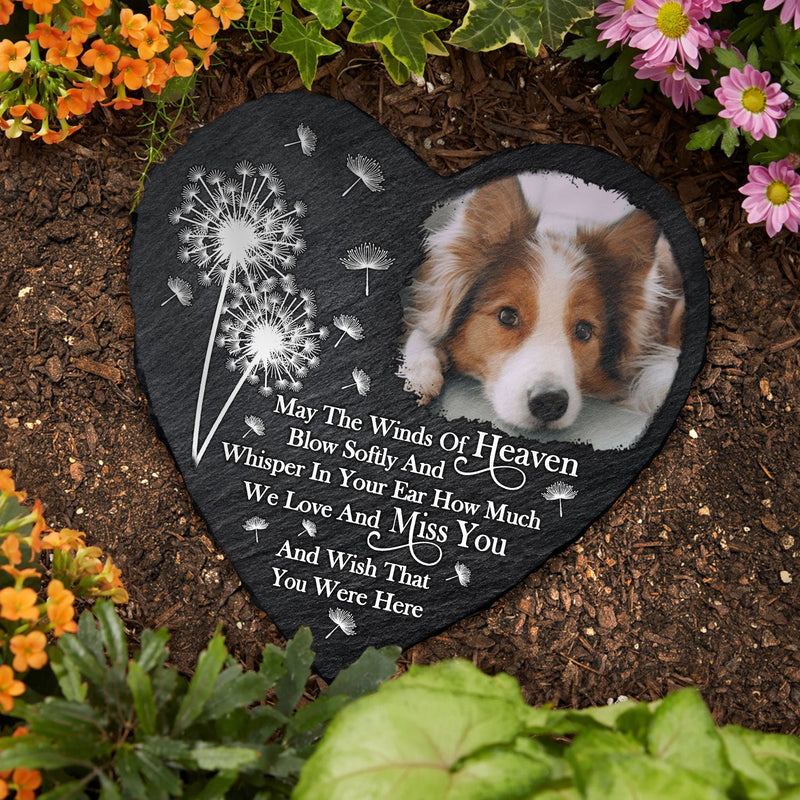 Custom Photo May The Winds Of Heaven Blow Softly - Memorial Gift For Family, Friends, Siblings, Dog Lovers, Cat Lovers - Personalized Heart Memorial Garden Stone