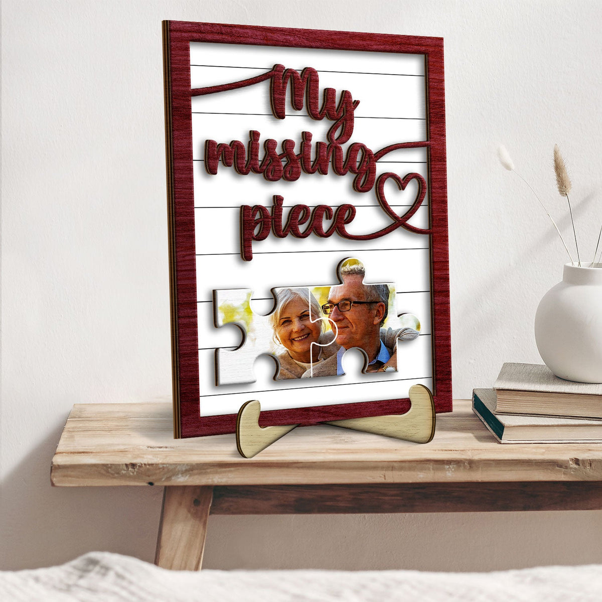 Photo personnalisée « Ma pièce manquante » - Cadeau pour couples âgés, mari, femme - Plaque en bois personnalisée à 2 couches avec support