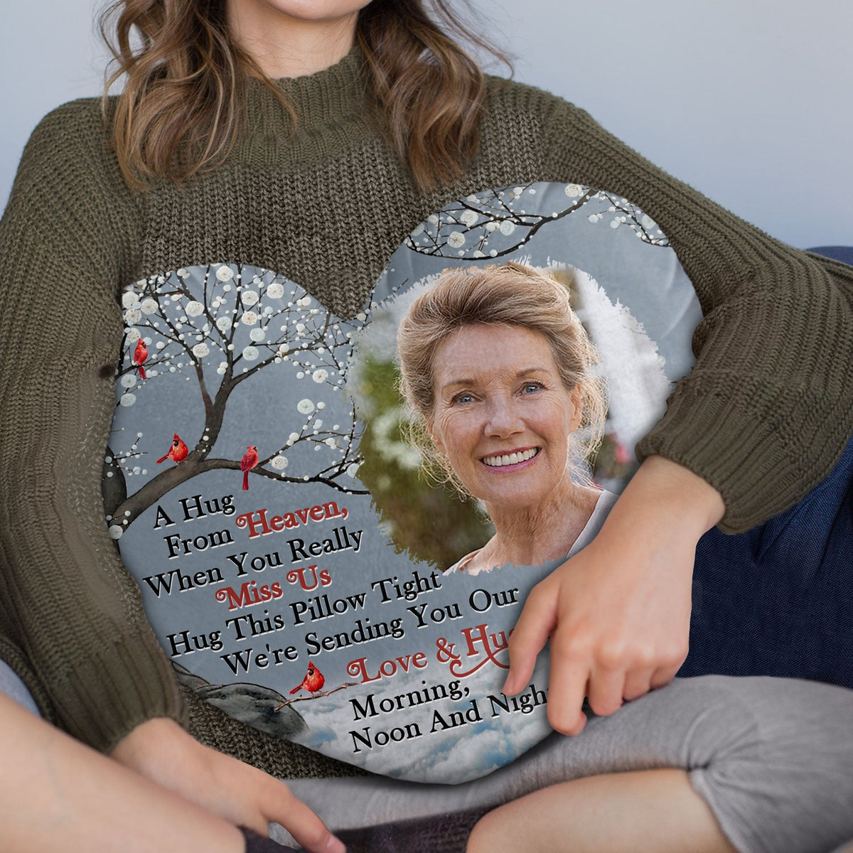 Custom Photo A Hug From Heaven - Memorial Gift For Family, Friends - Personalized Heart Shaped Pillow