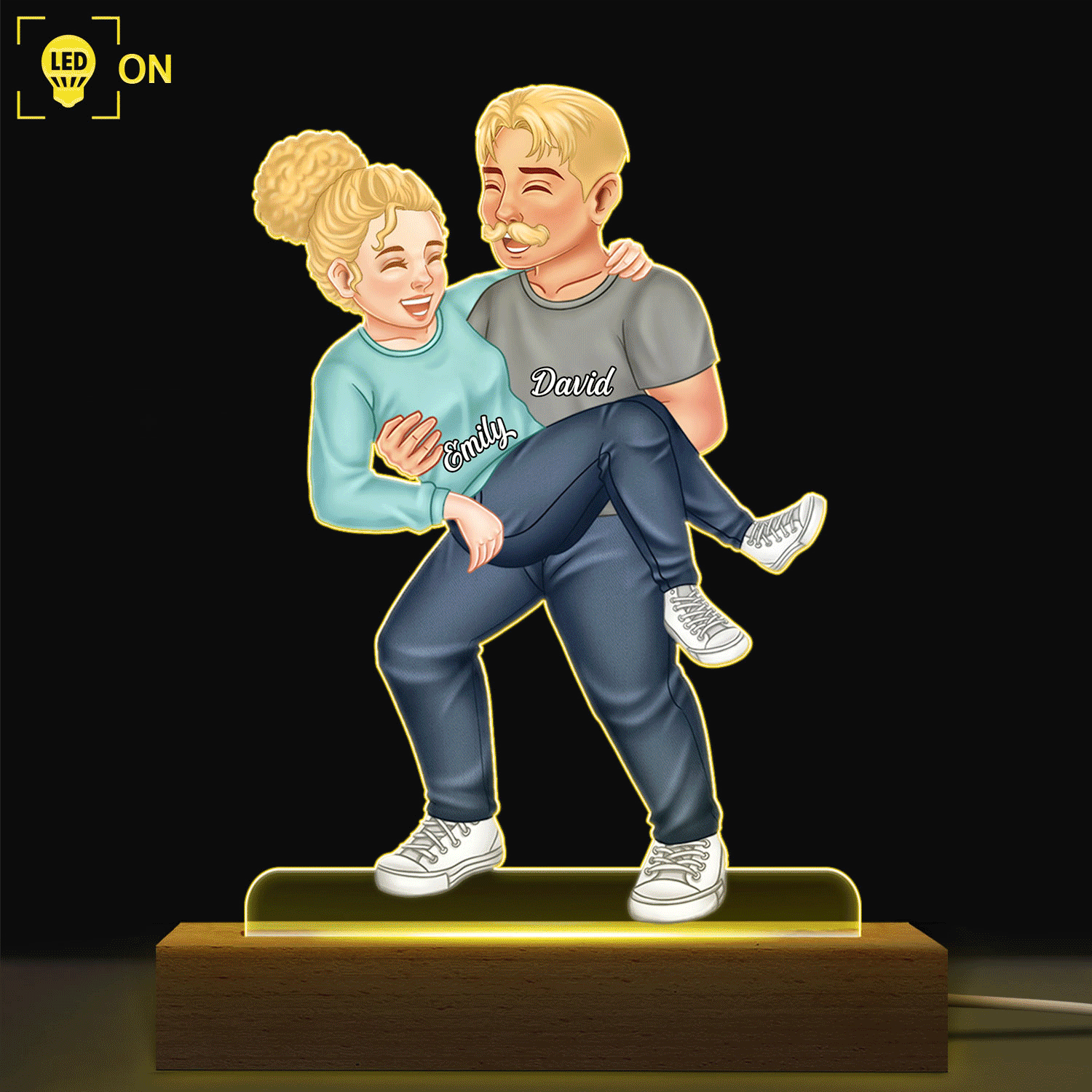 Couple drôle portant un sac - Cadeau pour couple, mari, femme - Base en bois avec lumière LED 3D personnalisée