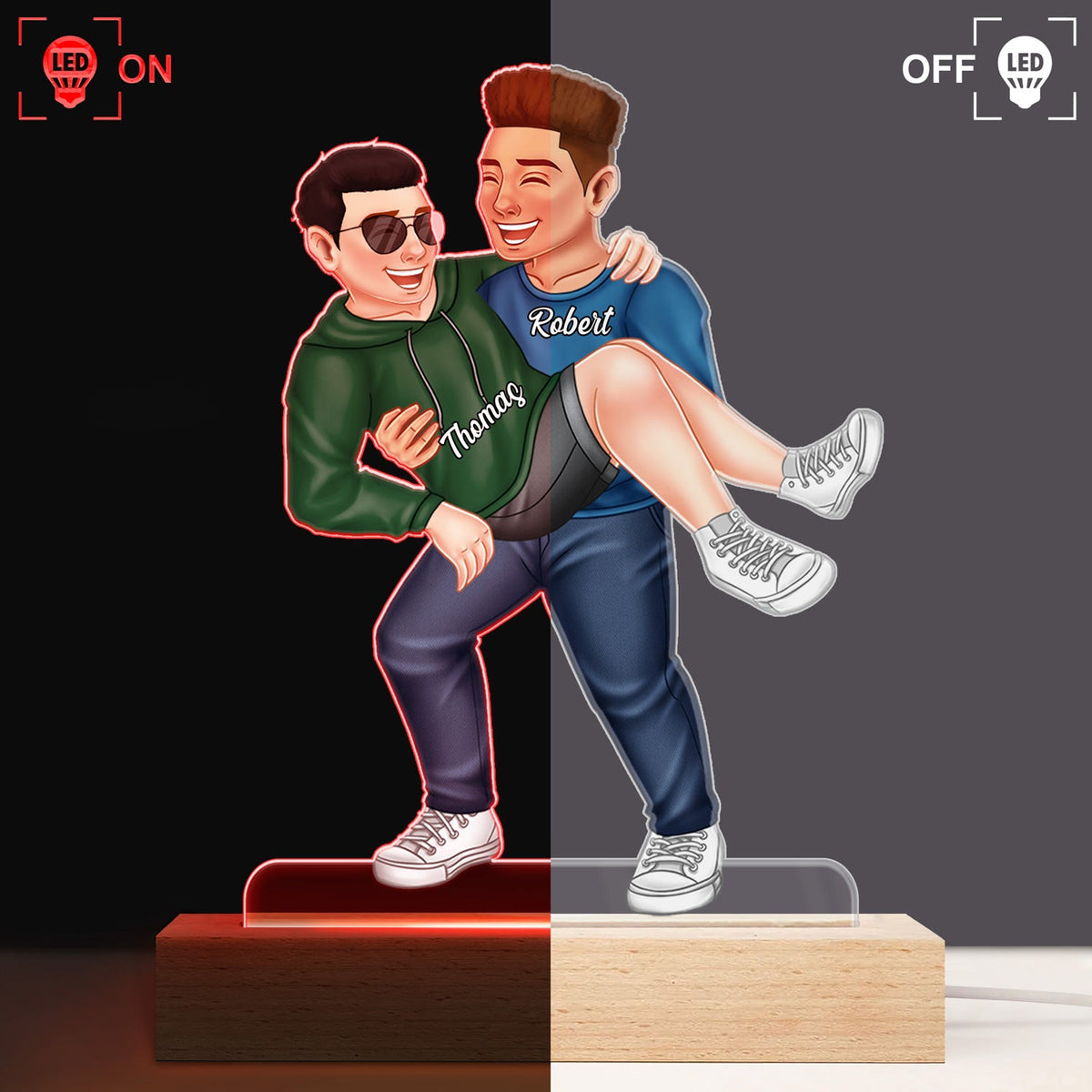 Couple drôle portant un sac - Cadeau pour couple, mari, femme - Base en bois avec lumière LED 3D personnalisée