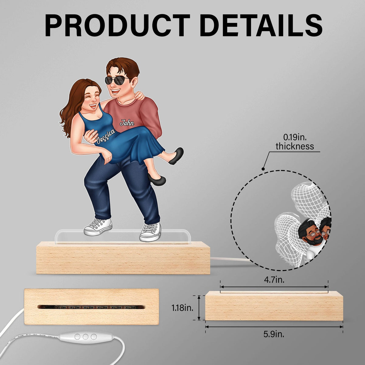 Couple drôle portant un sac - Cadeau pour couple, mari, femme - Base en bois avec lumière LED 3D personnalisée