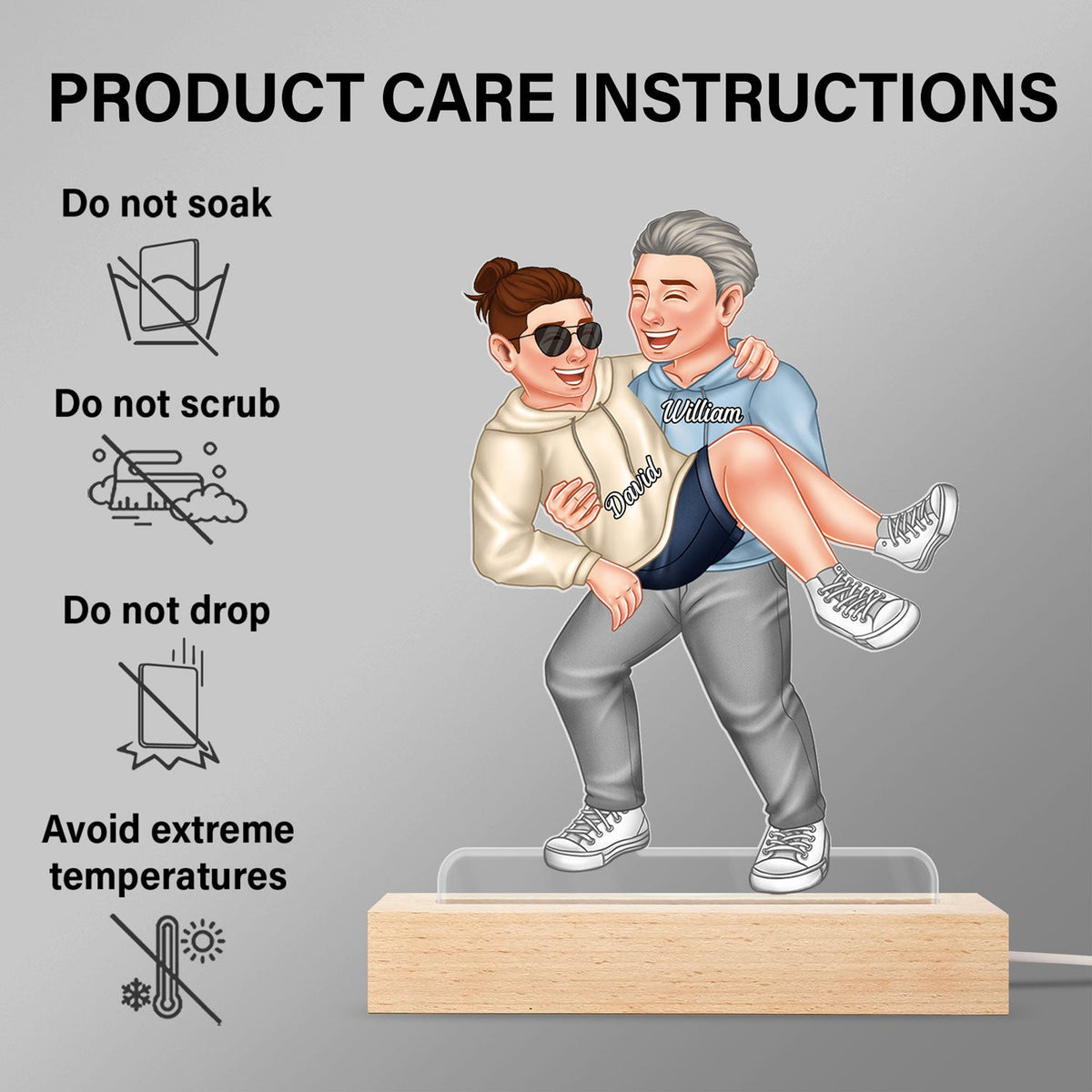Couple drôle portant un sac - Cadeau pour couple, mari, femme - Base en bois avec lumière LED 3D personnalisée