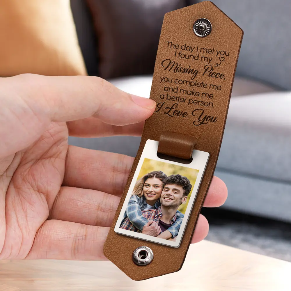 Custom Photo God Blessed The Broken Road - Loving, Anniversary Gift For Couple, Spouse, Husband, Wife - Personalized Leather Photo Keychain