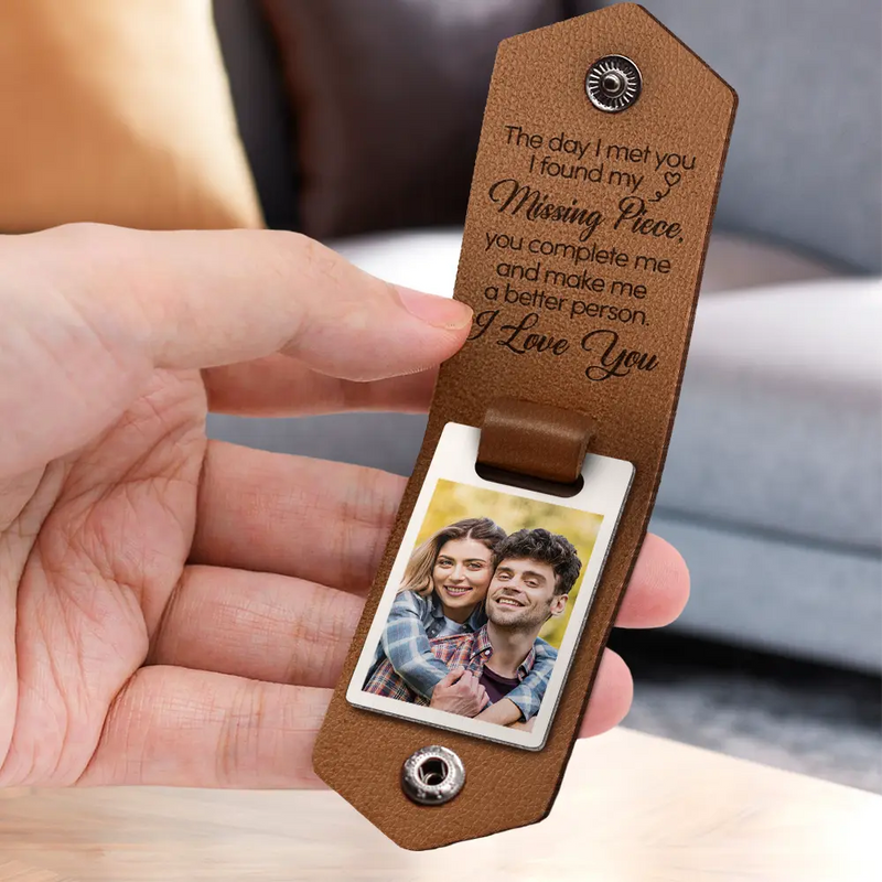 Custom Photo God Blessed The Broken Road - Loving, Anniversary Gift For Couple, Spouse, Husband, Wife - Personalized Leather Photo Keychain