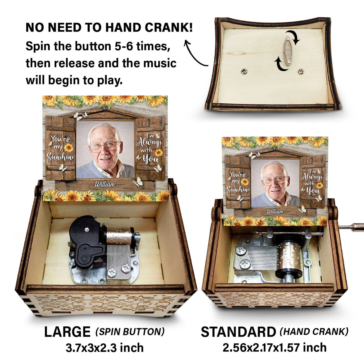 Custom Photo I'm Always With You You're My Sunshine - Memorial Gift For Family, Friends - Personalized Spin Button, Hand Crank Music Box