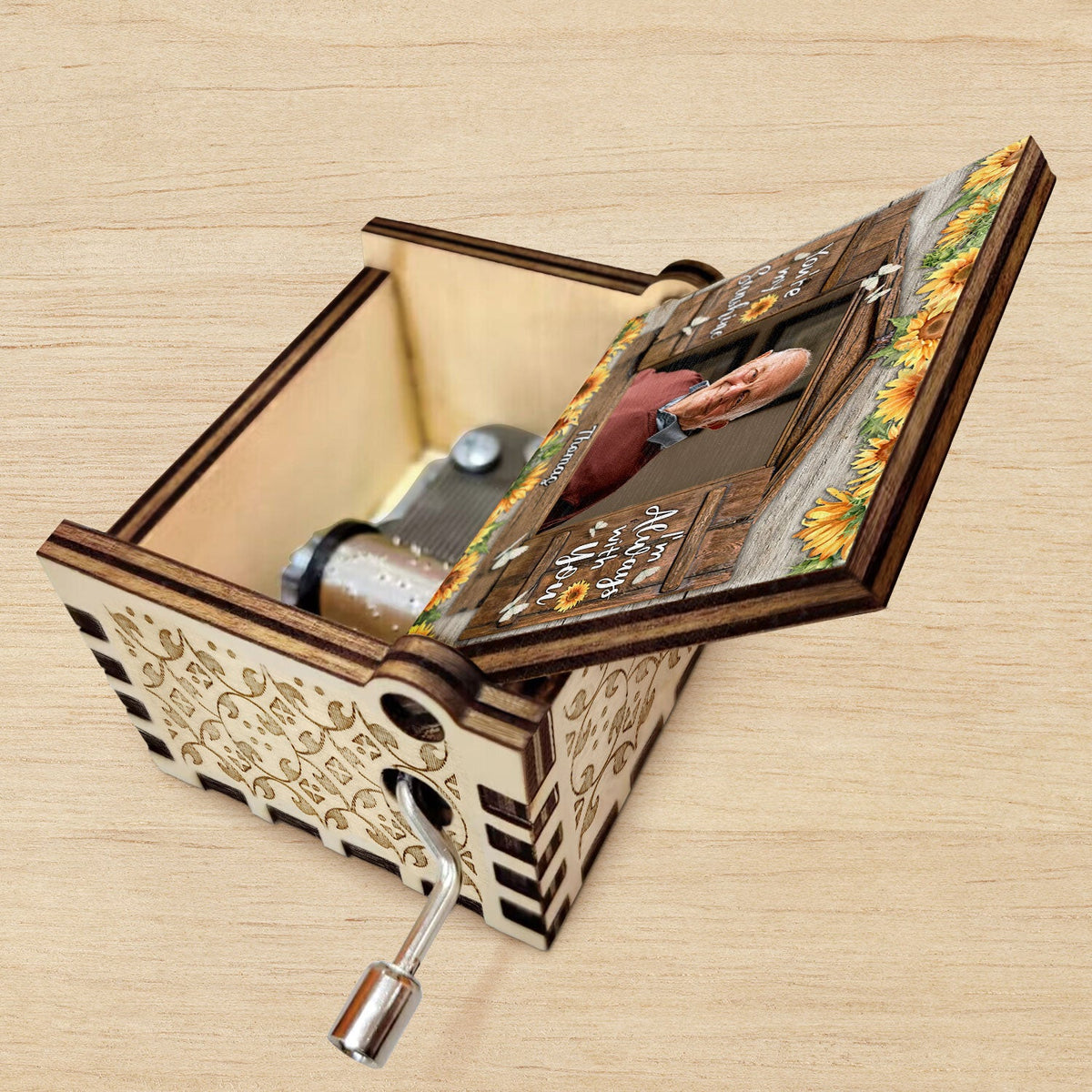 Custom Photo I'm Always With You You're My Sunshine - Memorial Gift For Family, Friends - Personalized Spin Button, Hand Crank Music Box