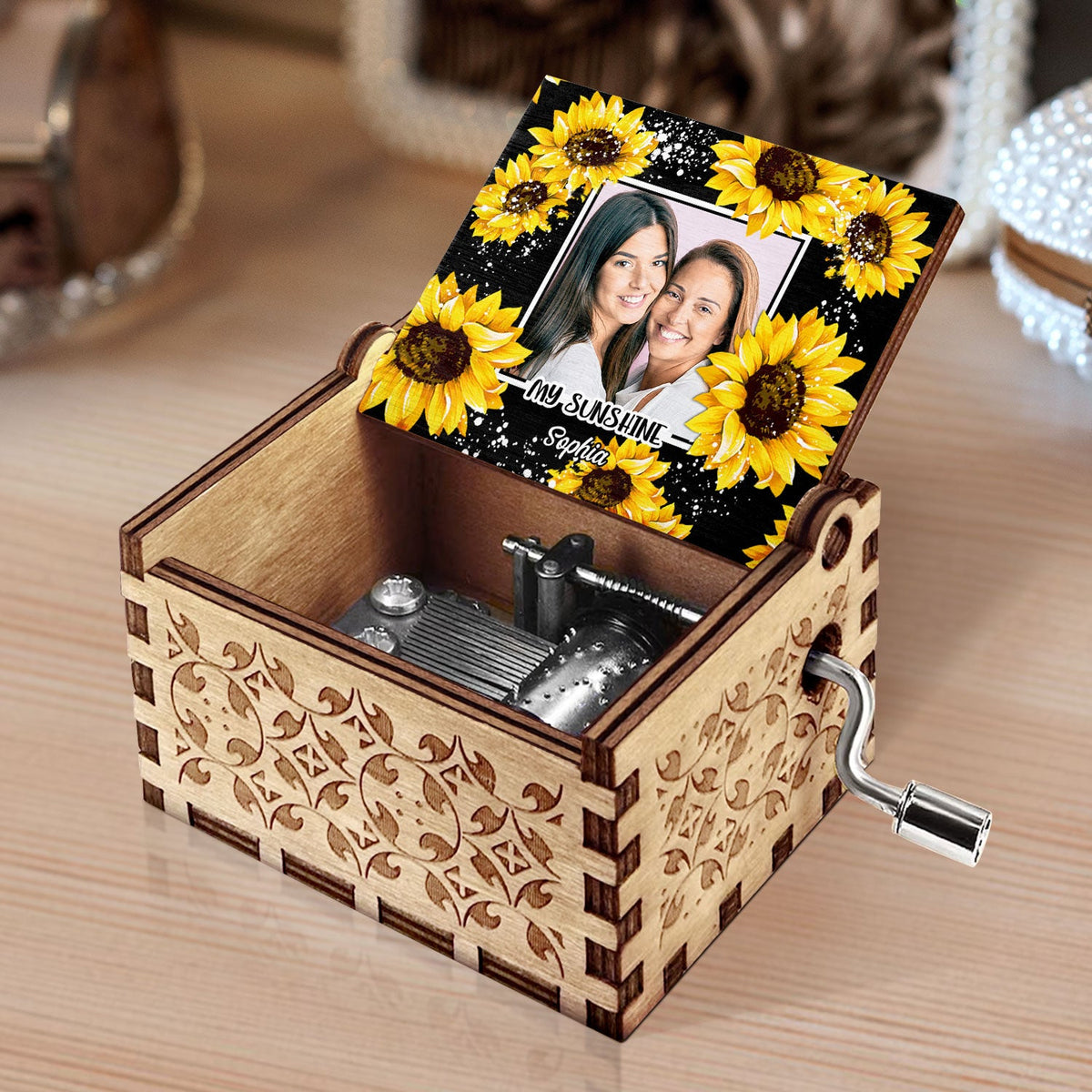 Custom Photo You Are My Sunshine - Birthday, Loving Gift For Mom, Mum, Mother, Nana, Granny - Personalized Spin Button, Hand Crank Music Box