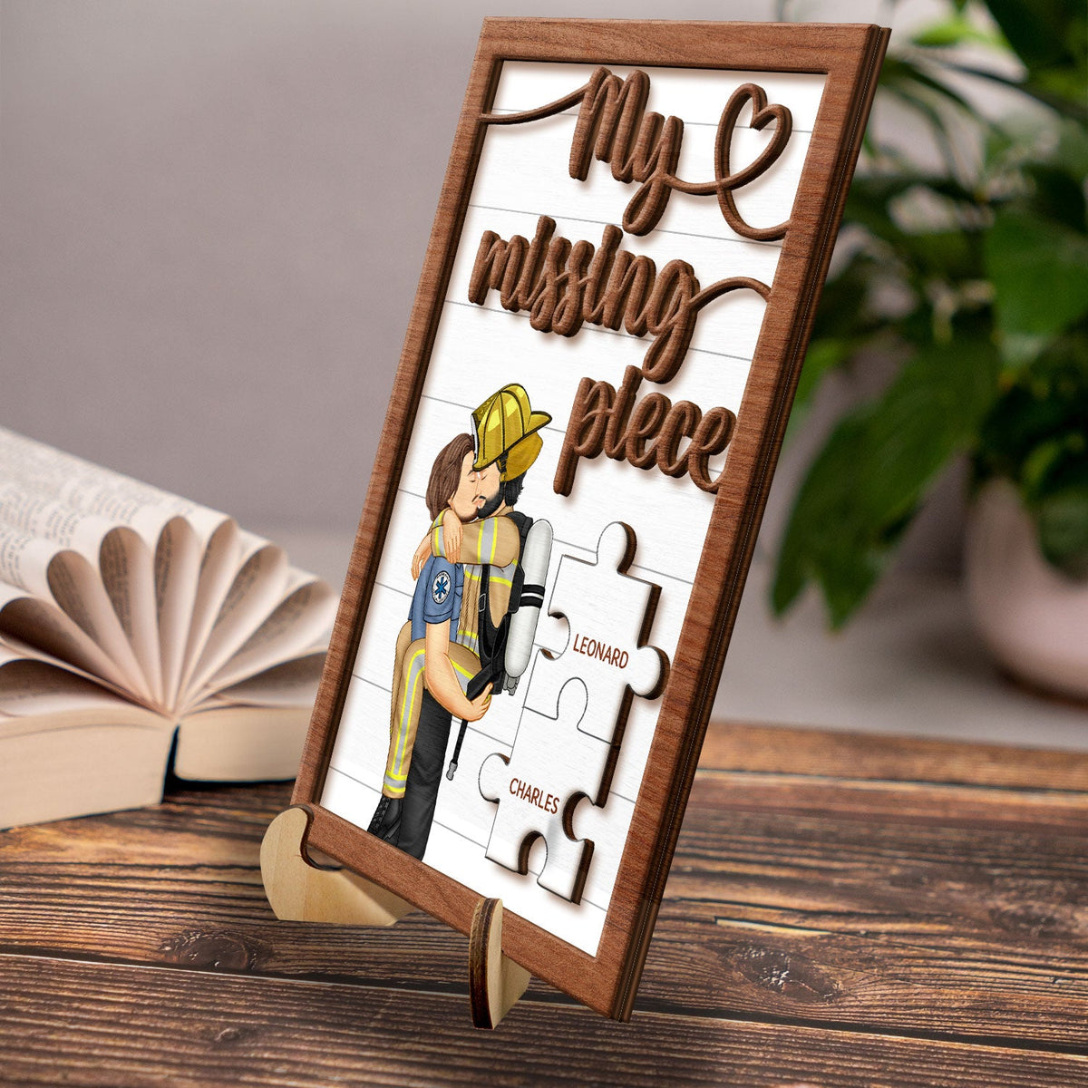 My Missing Piece Kissing Couple Occupation - Gift For Couples, Nurse, Firefighter, Police Officer - Personalized 2-Layered Wooden Plaque With Stand