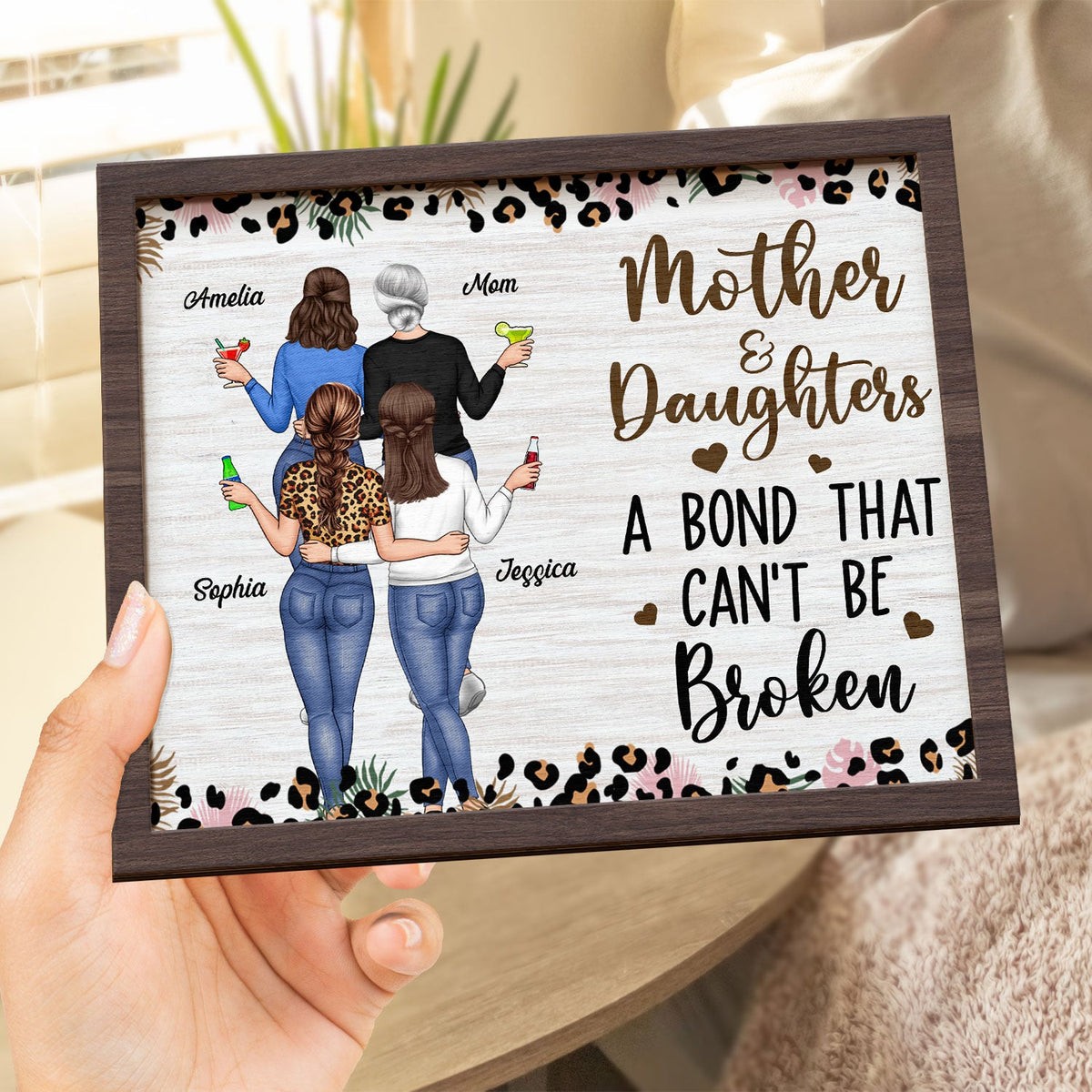 Mother & Daughters A Bond That Can't Be Broken - Gift For Mom, Mother, Grandma - Personalized 2-Layered Wooden Plaque With Stand