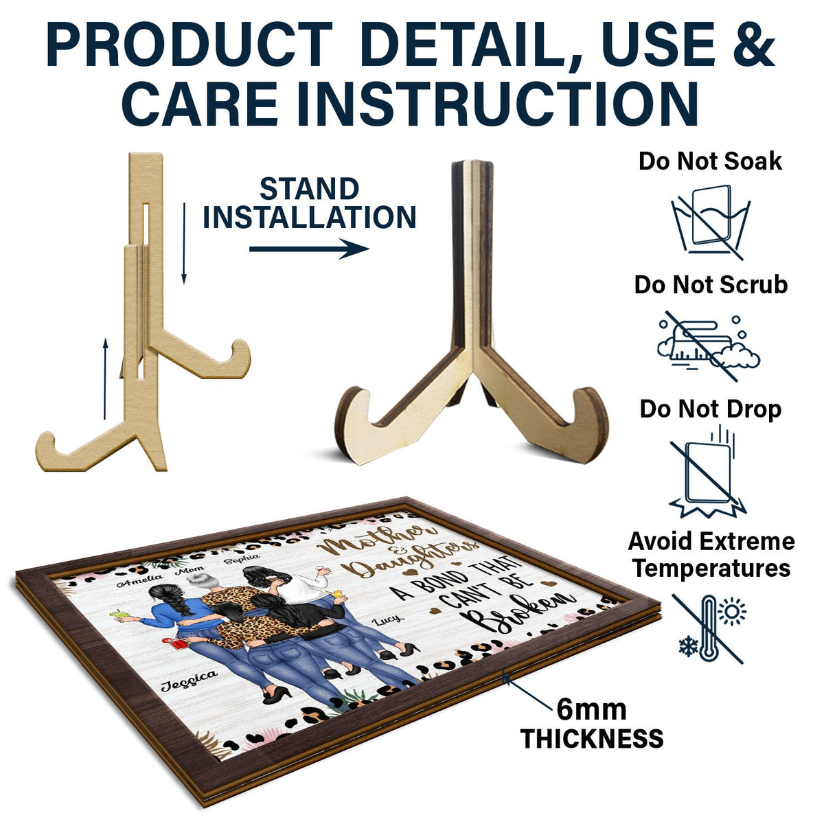 Mother & Daughters A Bond That Can't Be Broken - Gift For Mom, Mother, Grandma - Personalized 2-Layered Wooden Plaque With Stand